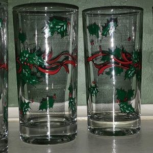 6 Vintage Anchor Hocking Clear Christmas Holly & Ribbon 12 Ounce